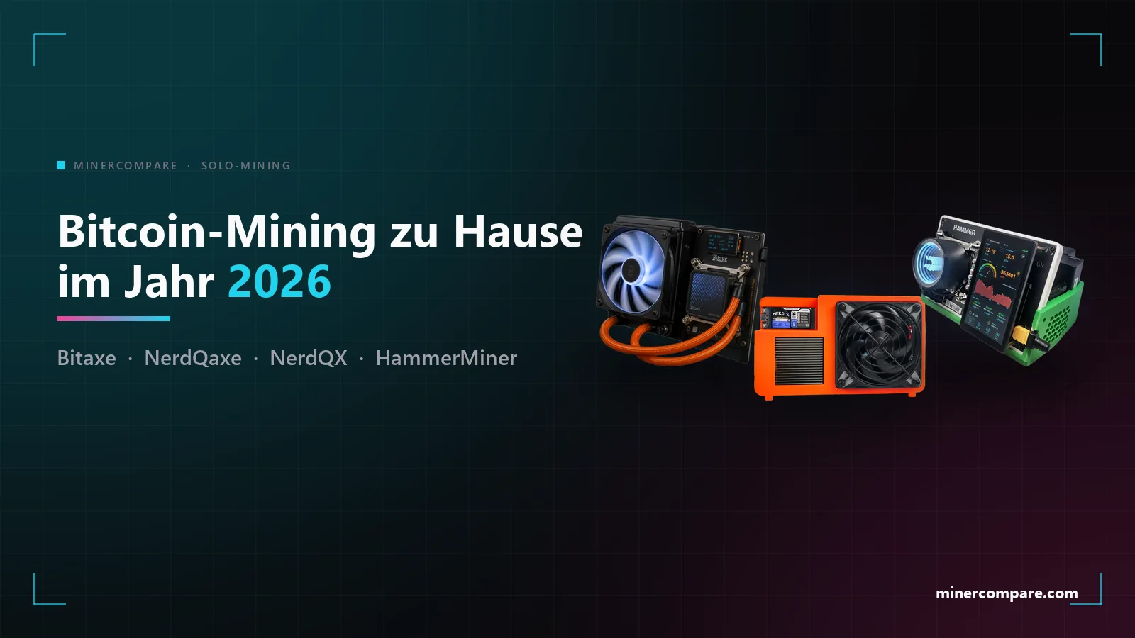 Drei Bitcoin-Solo-Miner für den Schreibtisch auf dunklem Hintergrund mit dem MinerCompare-Schriftzug