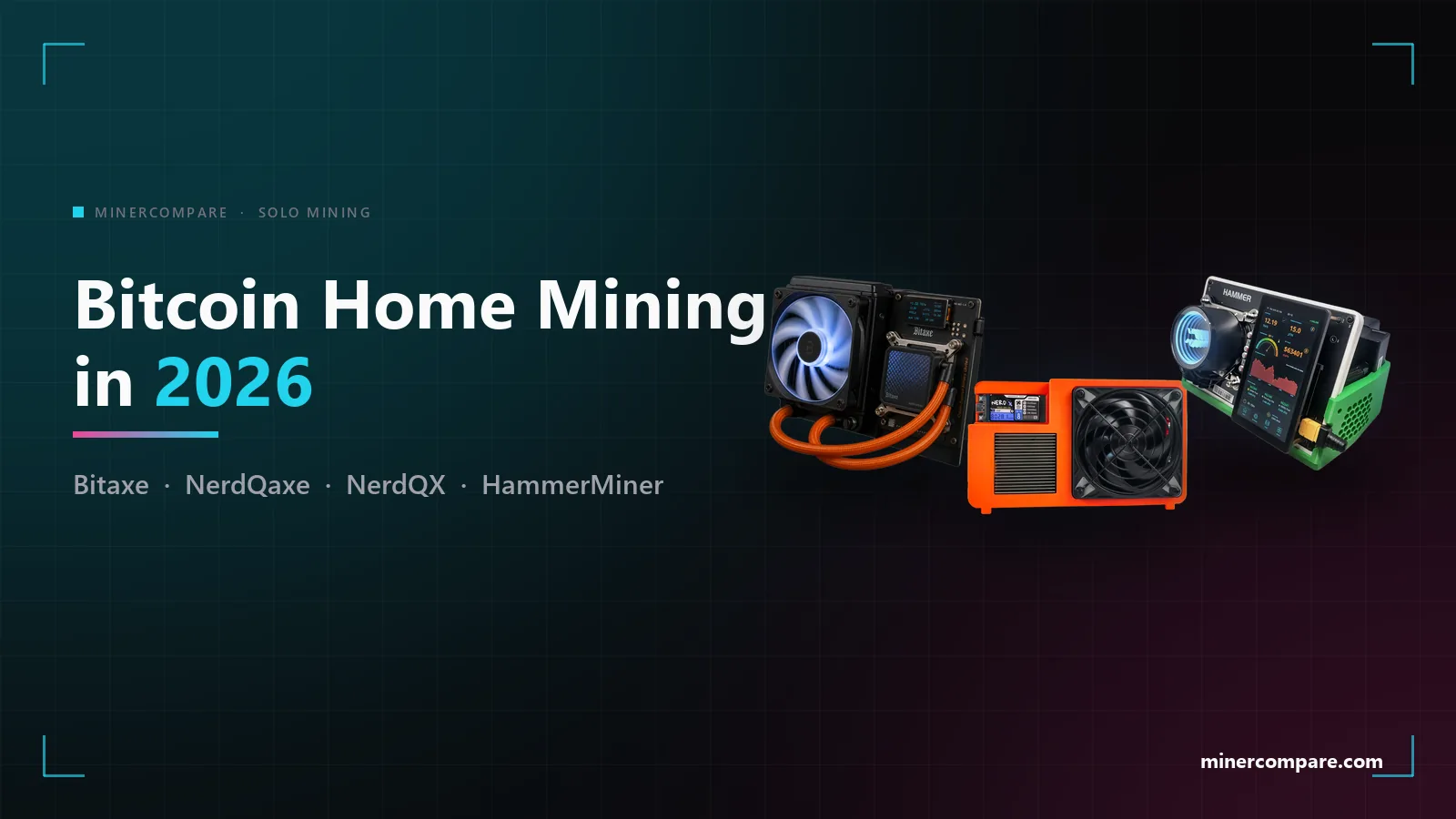 Τρεις επιτραπέζιοι Bitcoin crypto miners σε σκοτεινό φόντο με την λέξη MinerCompare