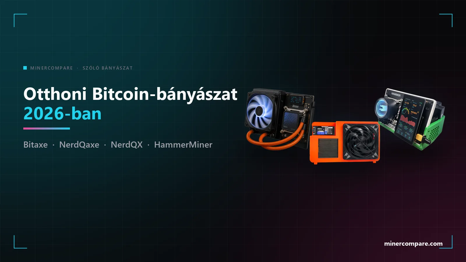 Három asztali szóló Bitcoin-bányászgép sötét háttéren a MinerCompare felirattal