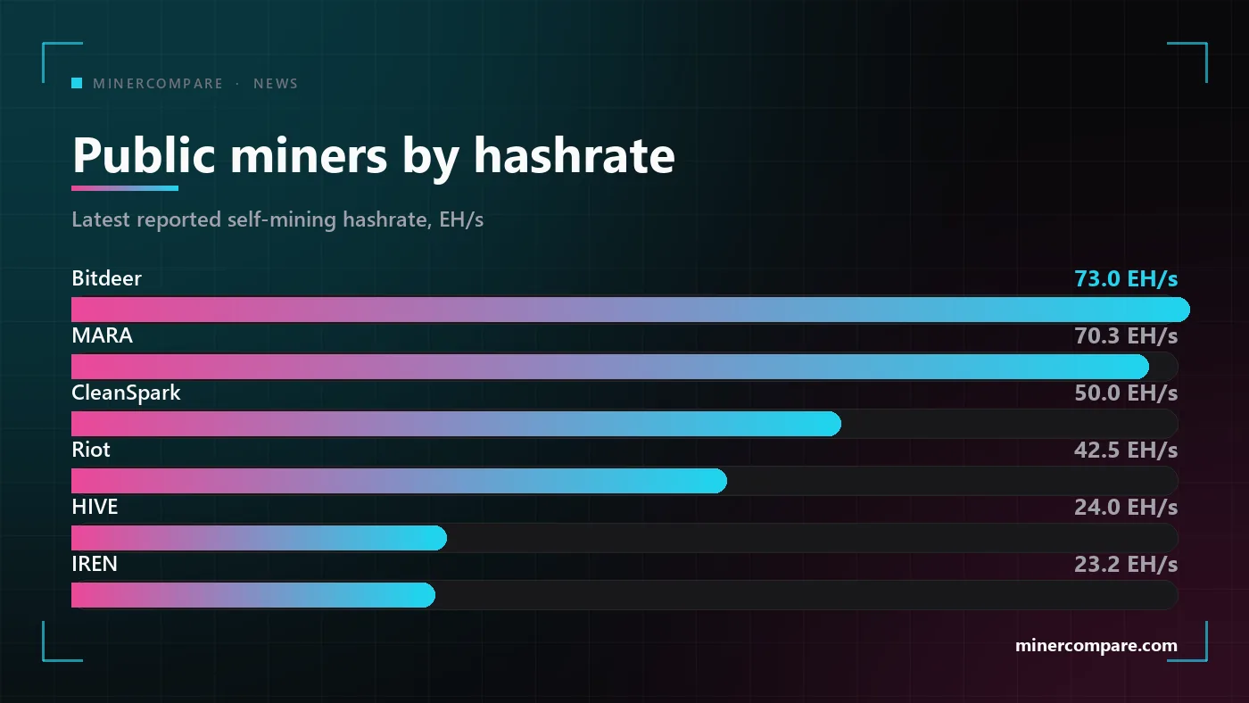 Bar chart of the largest publicly traded bitcoin mining companies ranked by operating hashrate in exahash per second