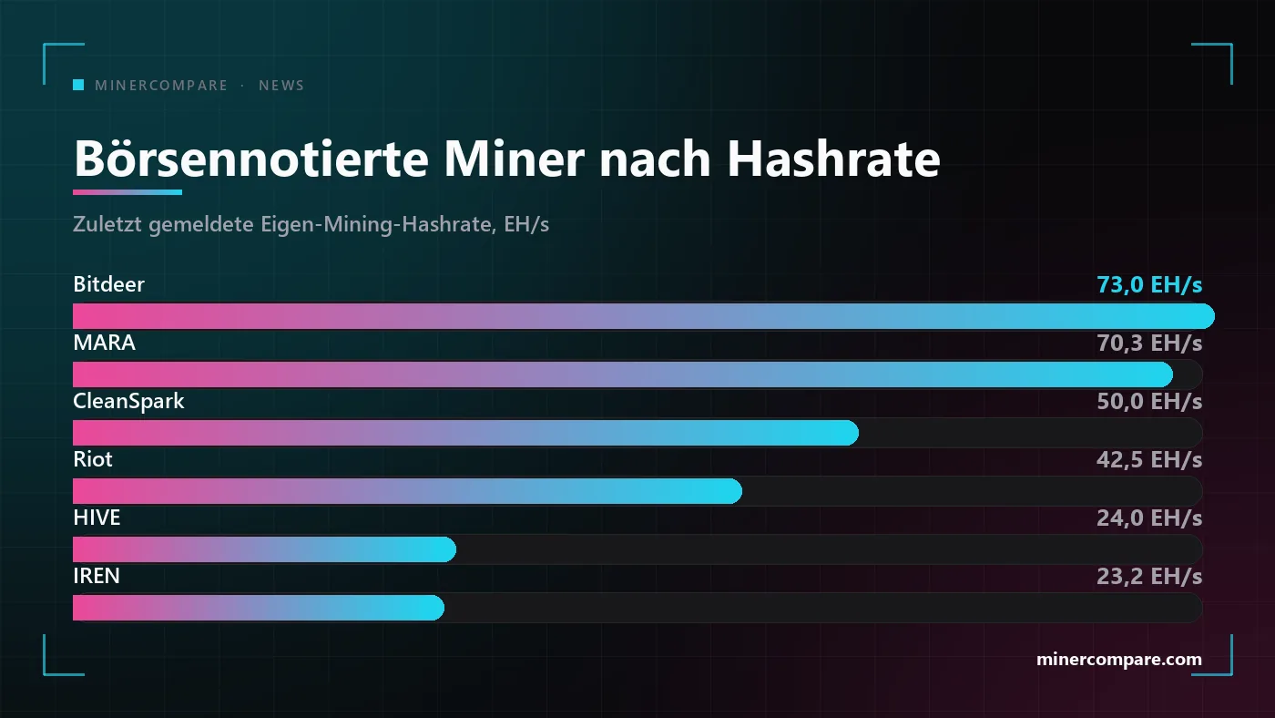 Balkendiagramm der größten börsennotierten Bitcoin-Mining-Unternehmen, sortiert nach laufender Hashrate in Exahash pro Sekunde