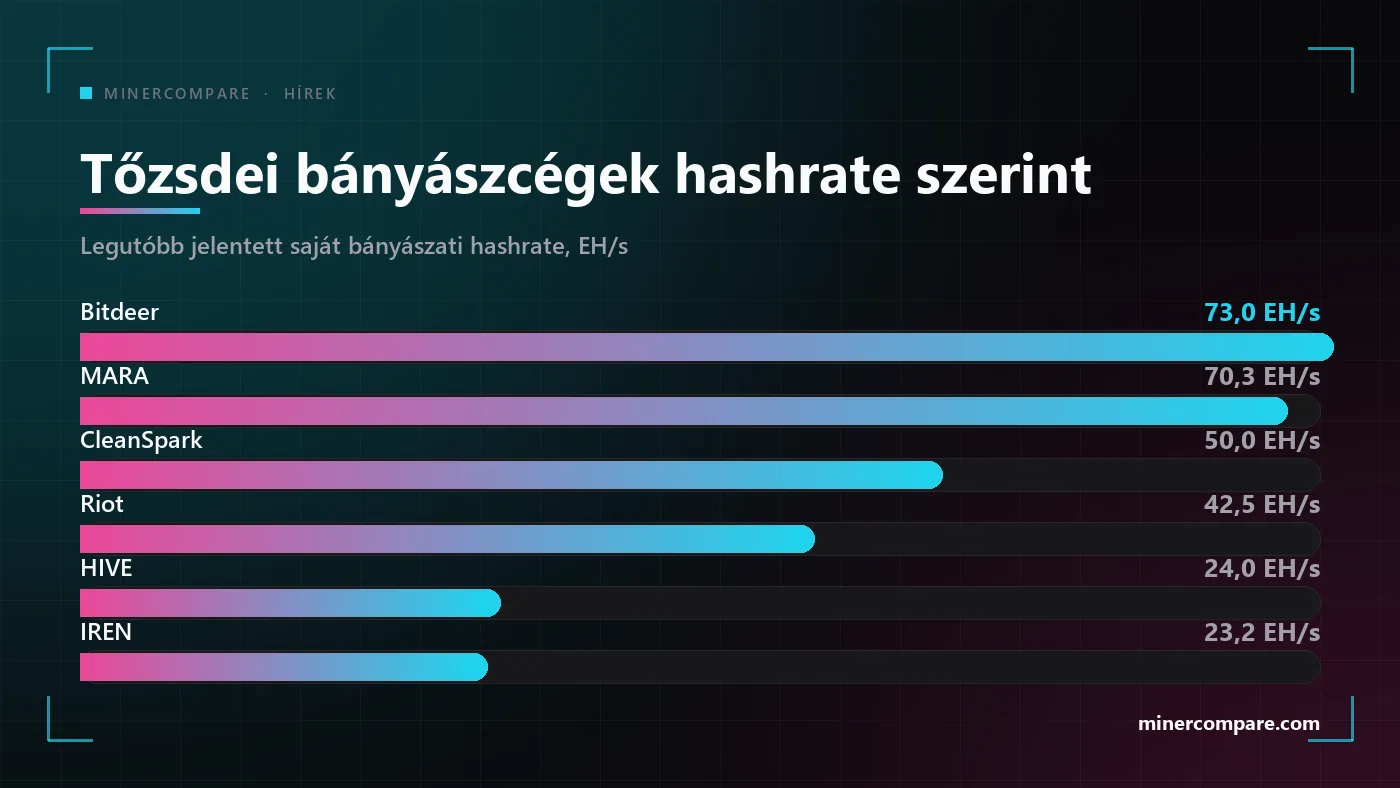Oszlopdiagram a legnagyobb tőzsdén jegyzett bitcoin-bányászcégekről, működő hashrate szerint rangsorolva, exahash per másodpercben