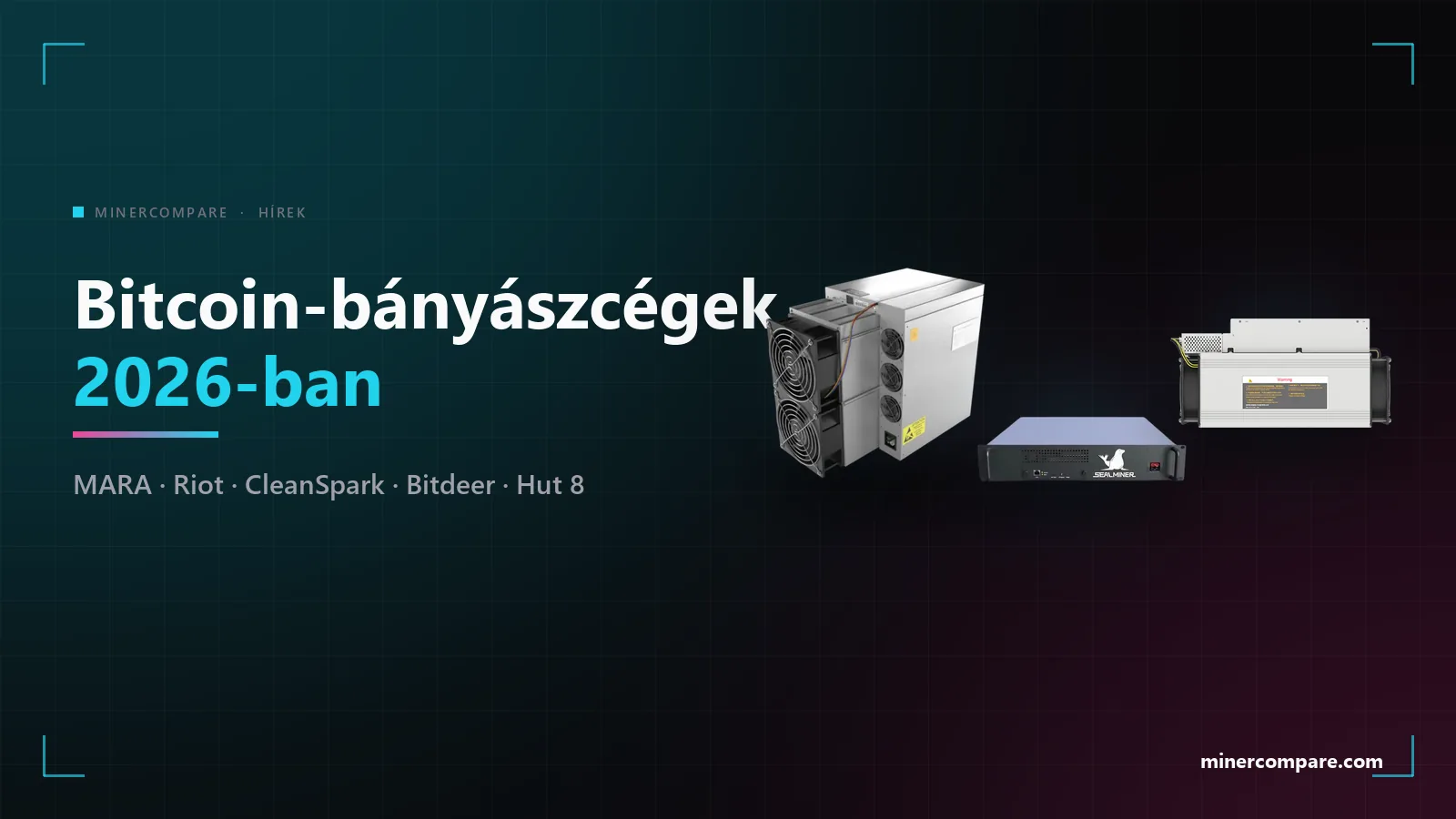 Három ipari Bitcoin ASIC bányászgép sötét háttéren a Bitcoin-bányászcégek 2026-ban cím mellett