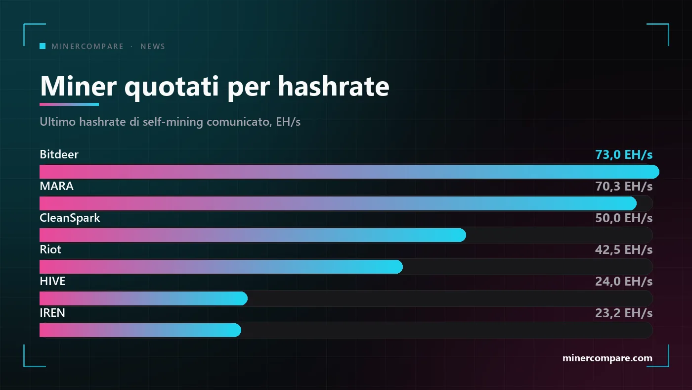 Grafico a barre delle maggiori società quotate di mining di Bitcoin ordinate per hashrate operativo in exahash al secondo