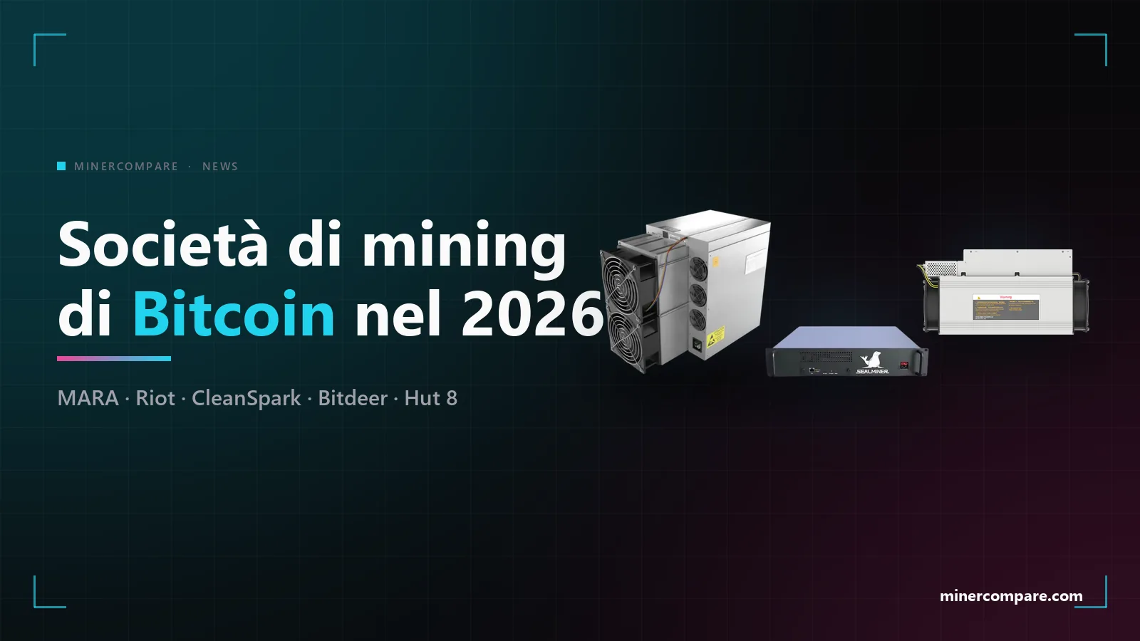 Tre miner ASIC industriali per Bitcoin su sfondo scuro accanto al titolo Società di mining di Bitcoin nel 2026