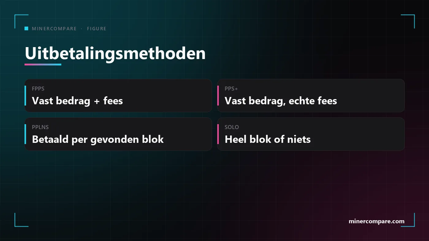 Vier tegels die de uitbetalingsmethoden FPPS, PPS+, PPLNS en SOLO vergelijken