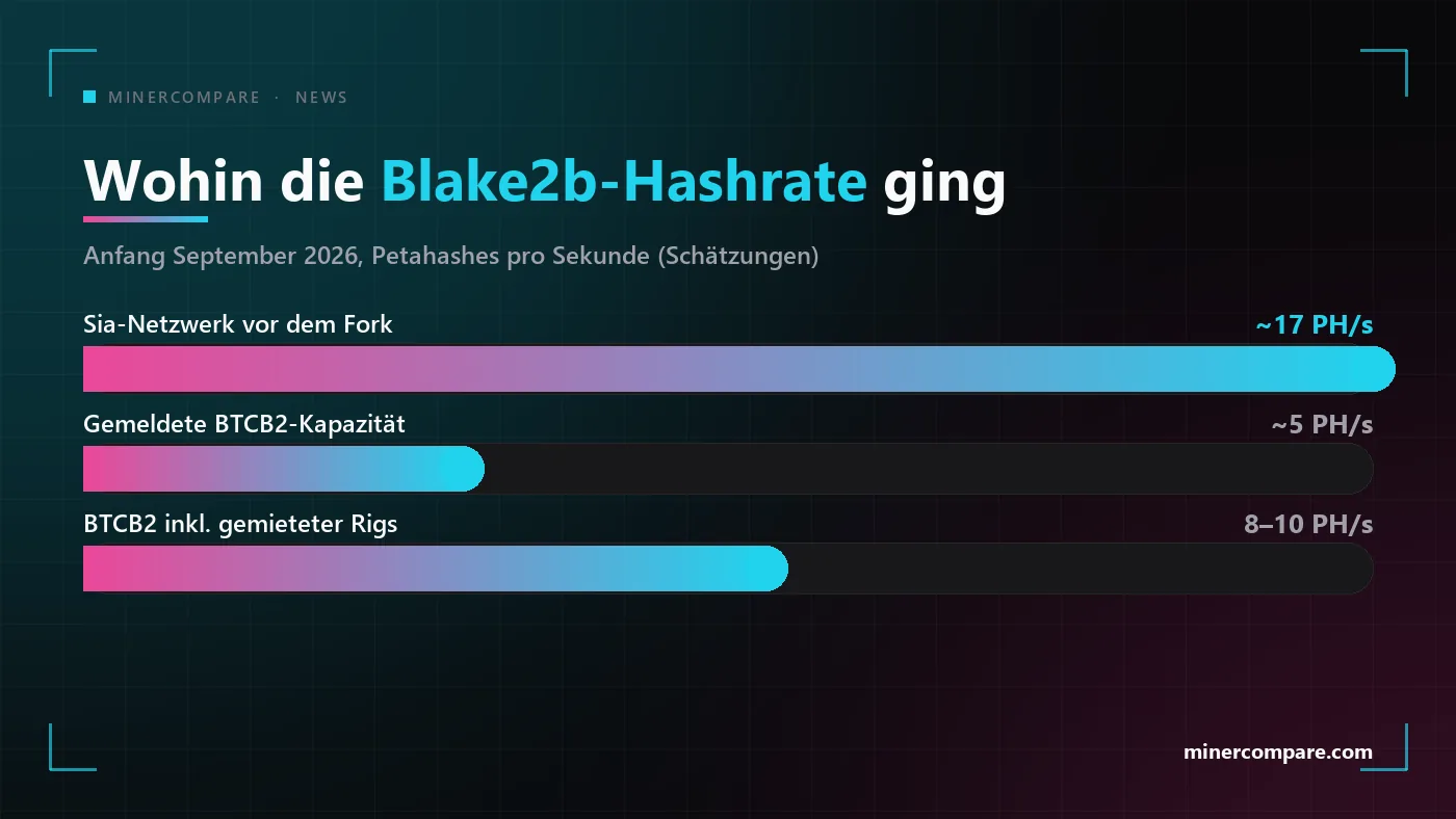 Balkendiagramm, das das Siacoin-Netzwerk vor dem Fork mit gemeldeter und gemieteter BTCB2-Hashrate vergleicht