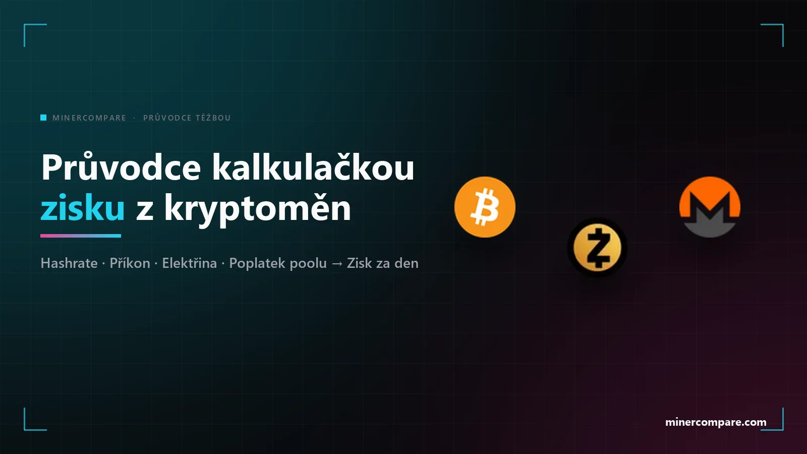 Ikony coinů Bitcoin, Zcash a Monero na tmavém pozadí vedle titulku Průvodce kalkulačkou zisku z těžby kryptoměn