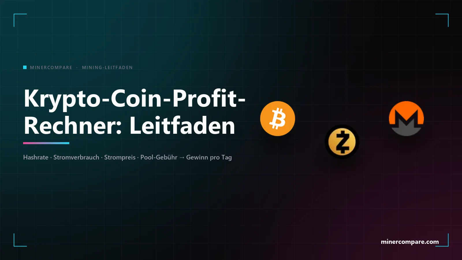 Bitcoin-, Zcash- und Monero-Coin-Symbole auf dunklem Hintergrund neben dem Titel Krypto-Coin-Profit-Rechner-Leitfaden