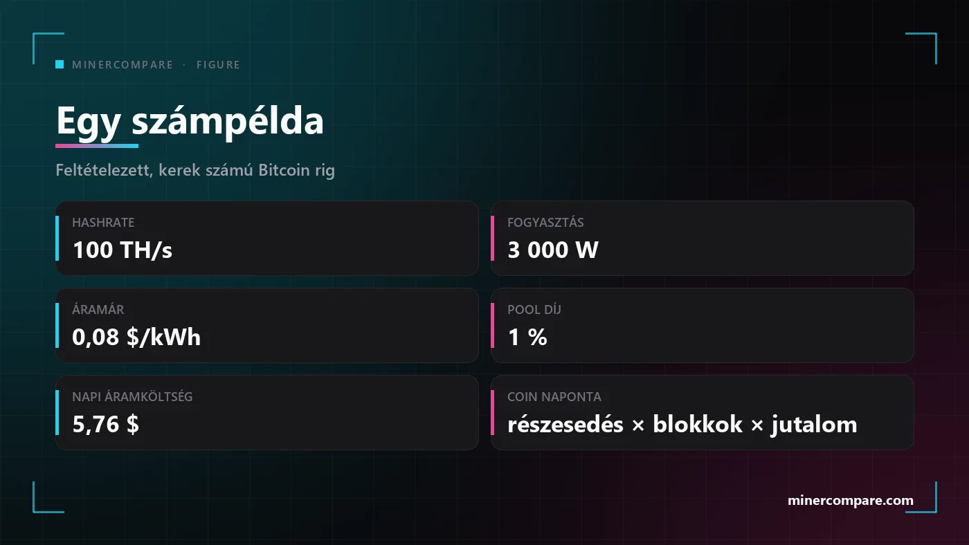 Hat csempe egy feltételezett kalkulátor-bemenettel: hashrate, fogyasztás, áramár, pool díj, az ebből adódó napi áramköltség és a részesedés képlete