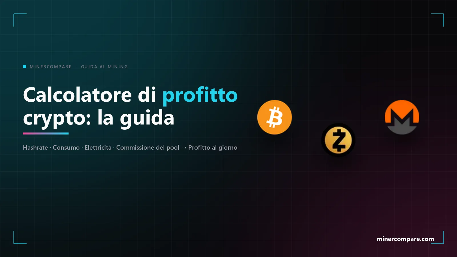 Icone dei coin Bitcoin, Zcash e Monero su sfondo scuro accanto al titolo Guida al calcolatore di profitto per criptovalute