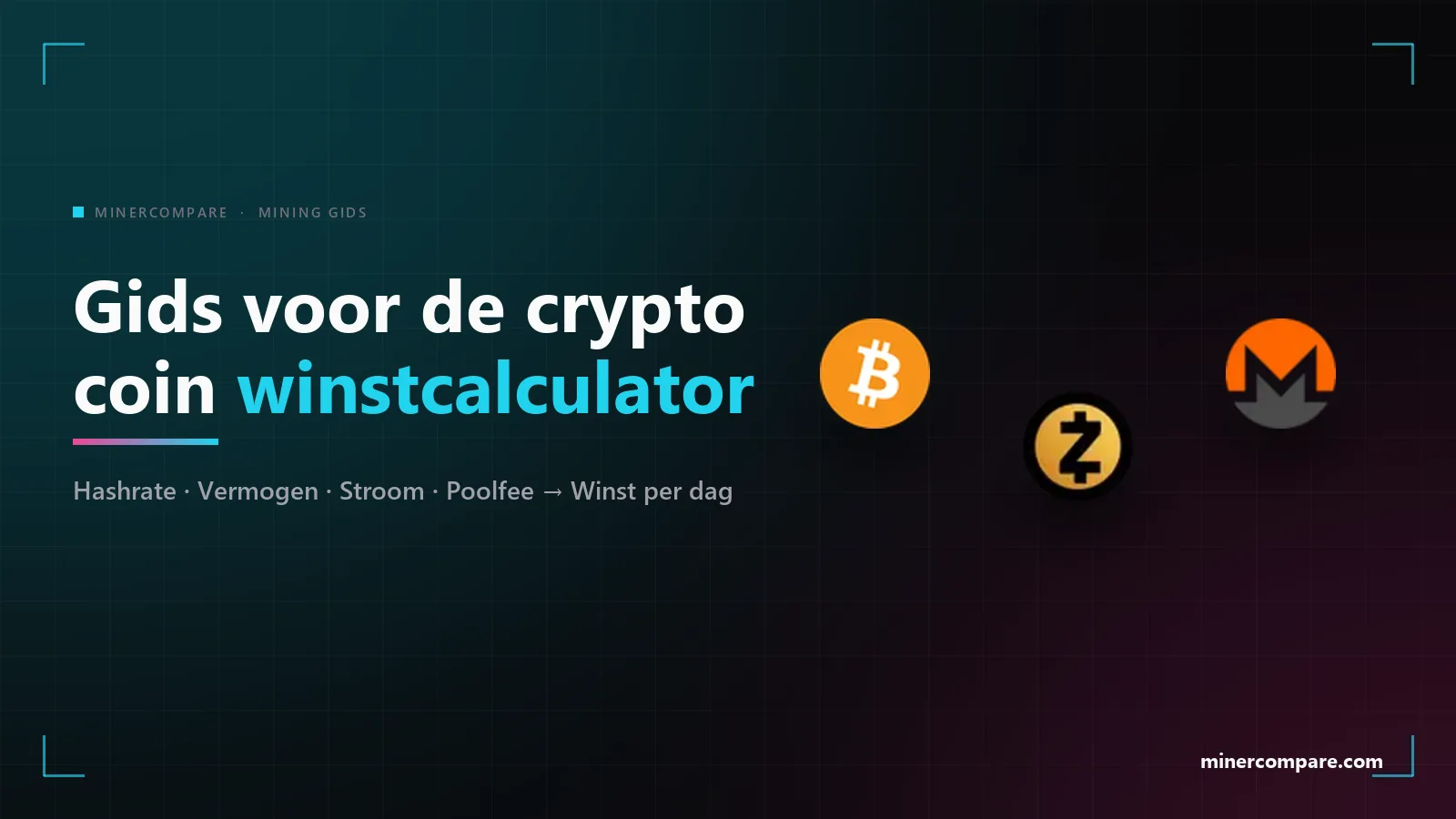 Coin-iconen van Bitcoin, Zcash en Monero op een donkere achtergrond naast de titel Gids voor de crypto coin winstcalculator