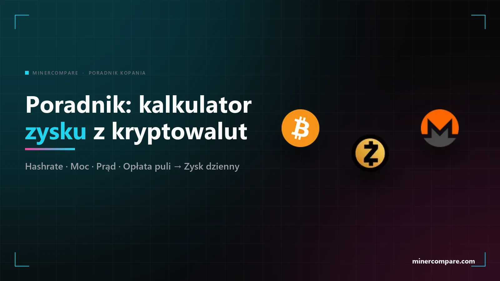 Ikony coinów Bitcoin, Zcash i Monero na ciemnym tle obok tytułu Przewodnik po kalkulatorze zysku z kopania kryptowalut