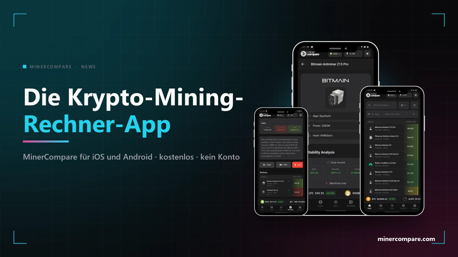Ein Smartphone mit der MinerCompare-Miner-Liste neben dem Schriftzug Krypto-Mining-Rechner-App