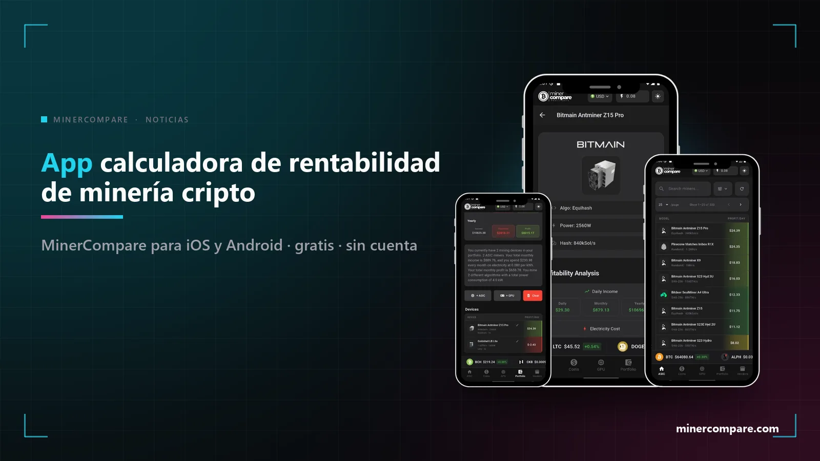 Un teléfono con la lista de mineros de MinerCompare junto al texto app calculadora de rentabilidad de minería cripto