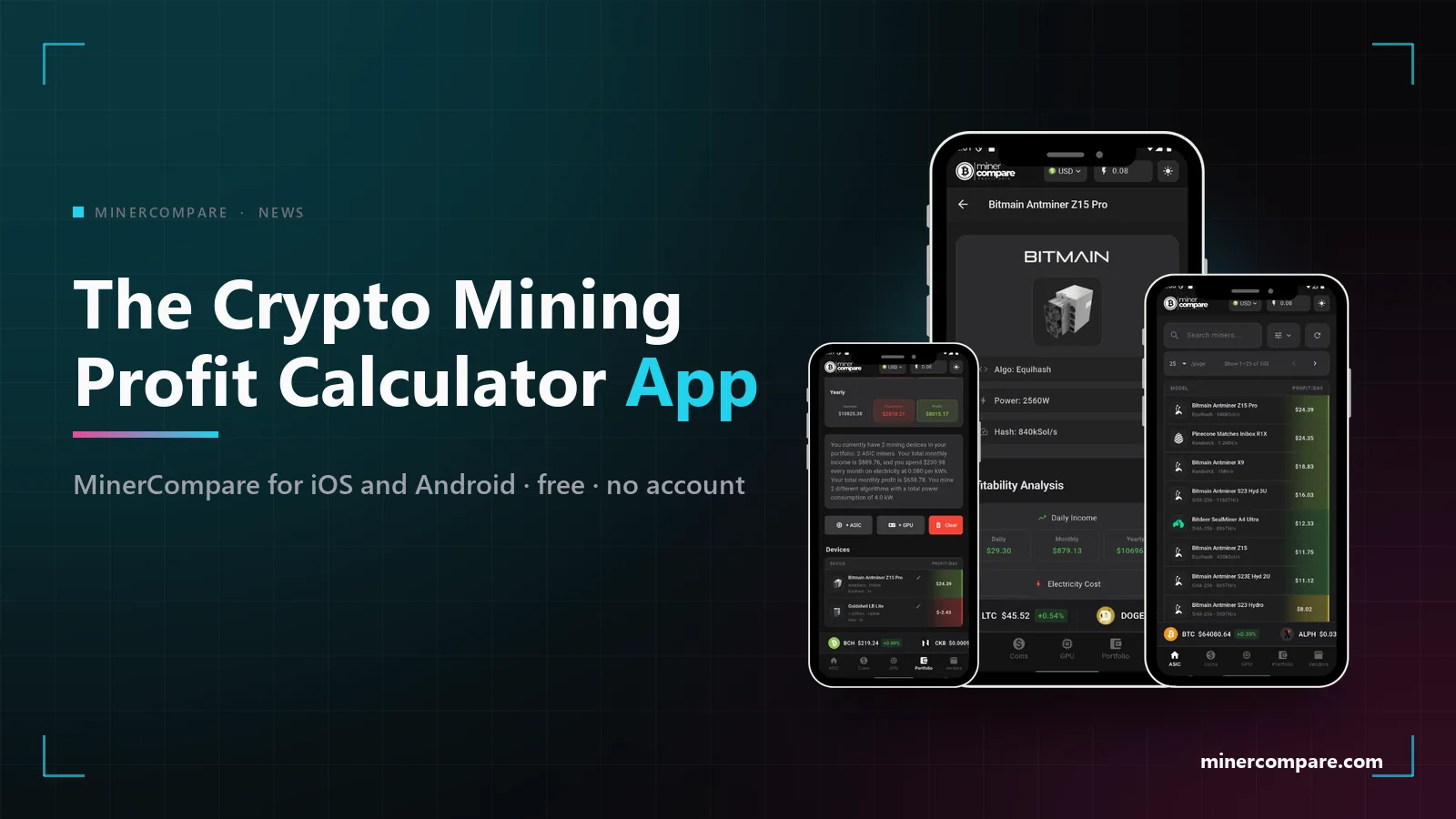 A phone showing the MinerCompare miner list next to the words crypto mining profit calculator app