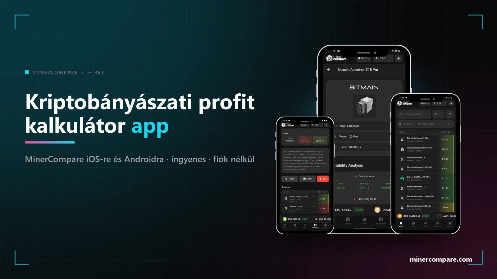 Egy telefon a MinerCompare bányászgép-listájával, mellette a kriptobányászati profit kalkulátor app felirat