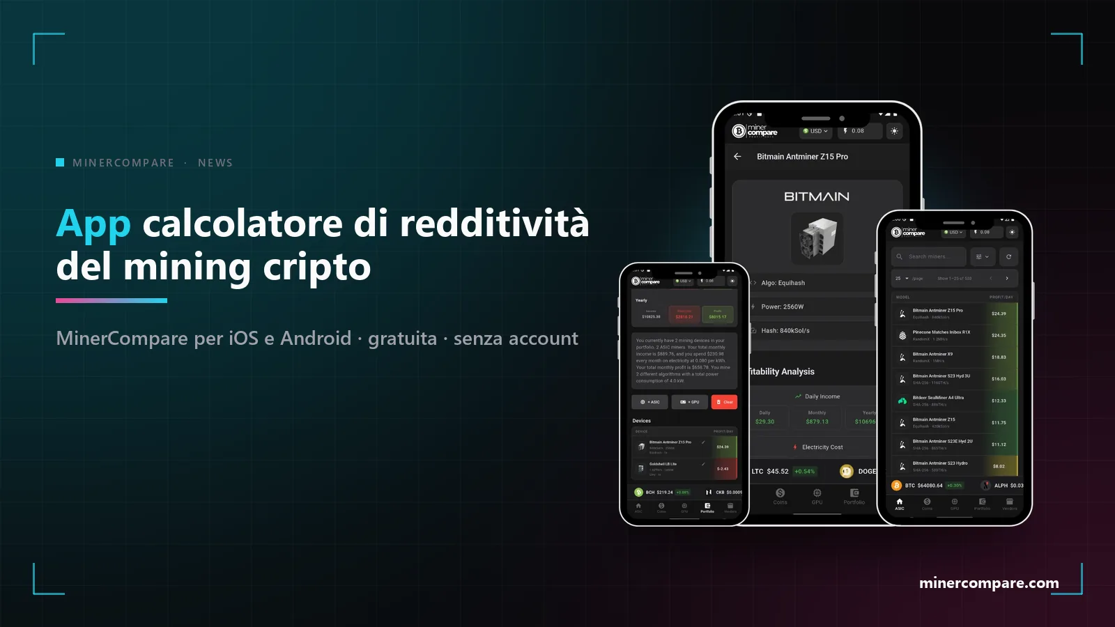 Un telefono con la lista dei miner di MinerCompare accanto alla scritta app calcolatore di redditività del mining di criptovalute