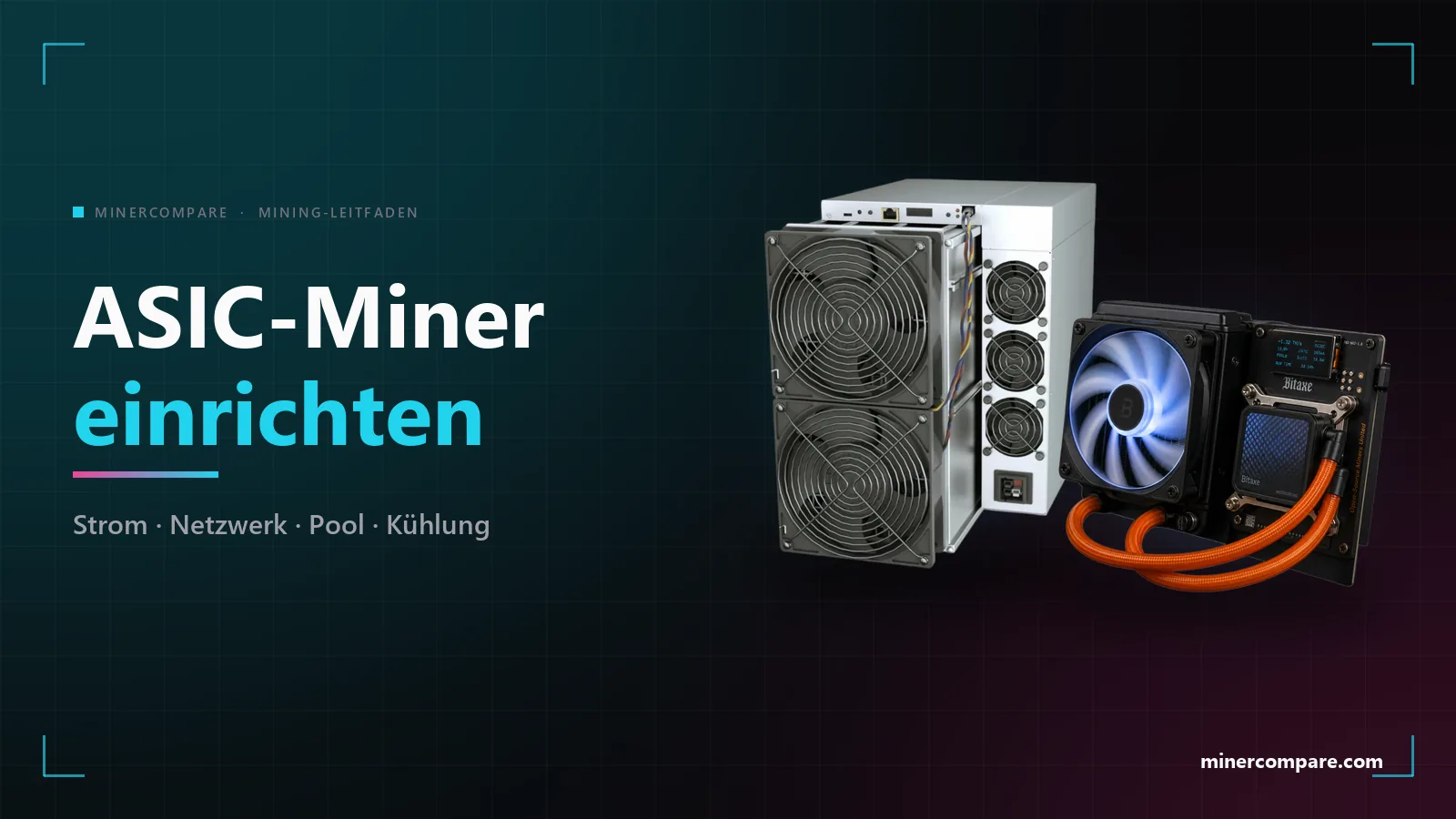 ASIC-Miner auf dunklem Hintergrund neben dem Titel ASIC-Miner einrichten