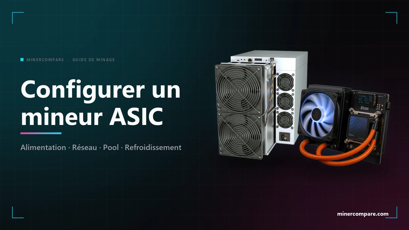 Mineur ASIC sur fond sombre à côté du titre Configurer un mineur ASIC