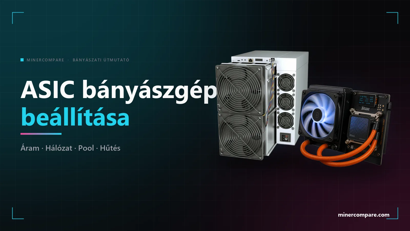 ASIC bányászgép sötét háttéren az ASIC bányászgép beállítása cím mellett