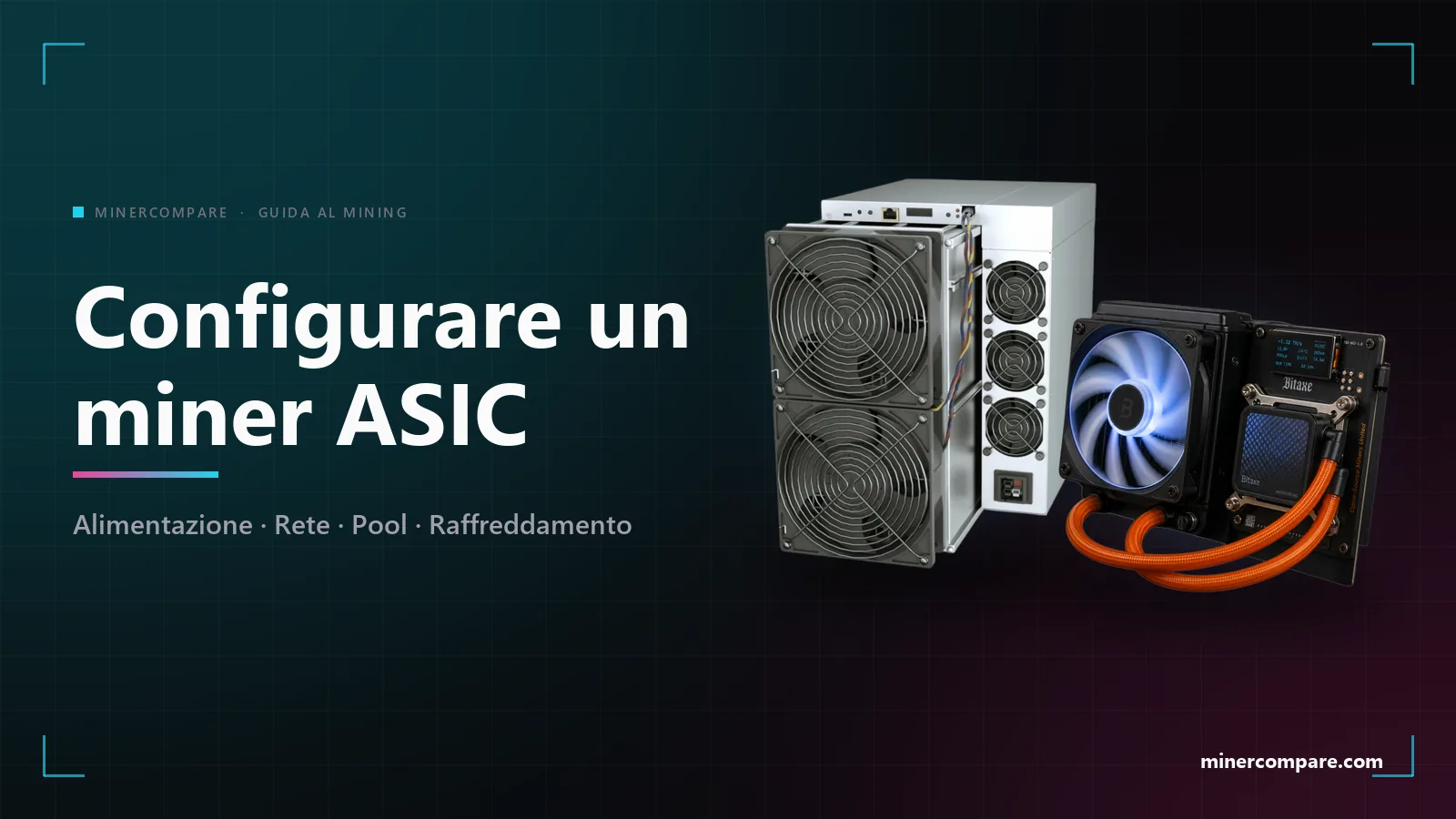 Miner ASIC su sfondo scuro accanto al titolo Come configurare un miner ASIC