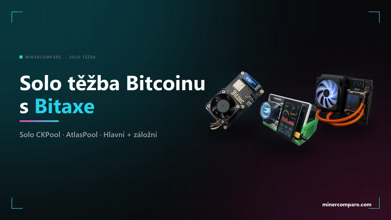Bitaxe Gamma 601, HammerMiner BC08 a Bitaxe Gamma Hex na tmavém pozadí vedle nadpisu Solo těžba Bitcoinu s Bitaxe