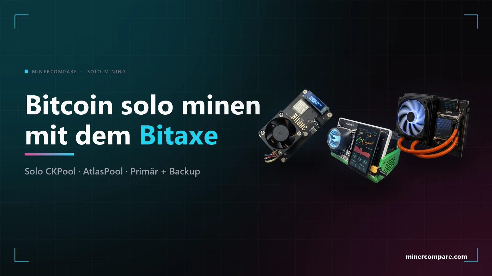 Bitaxe Gamma 601, HammerMiner BC08 und Bitaxe Gamma Hex auf dunklem Hintergrund neben dem Titel Bitcoin solo minen mit dem Bitaxe