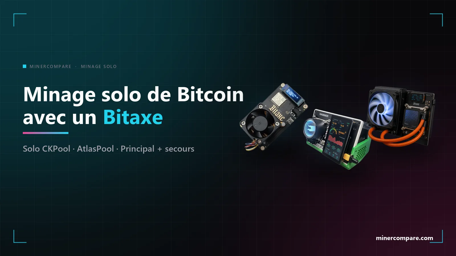 Bitaxe Gamma 601, HammerMiner BC08 et Bitaxe Gamma Hex sur fond sombre à côté du titre Minage solo de Bitcoin avec un Bitaxe