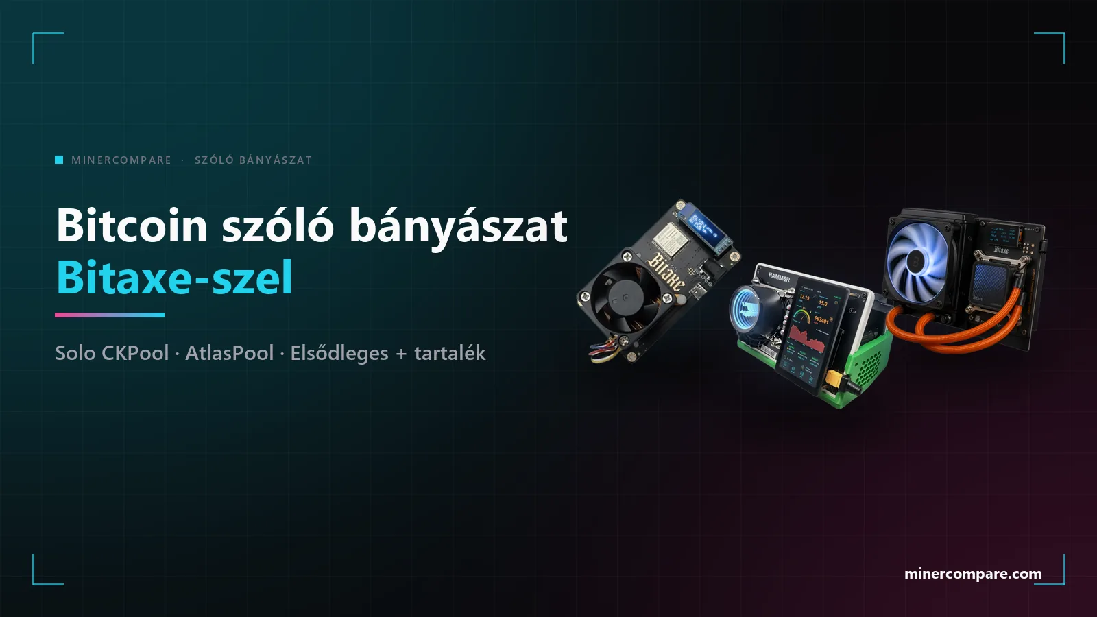 Bitaxe Gamma 601, HammerMiner BC08 és Bitaxe Gamma Hex sötét háttéren a Bitcoin szóló bányászat Bitaxe-szel cím mellett