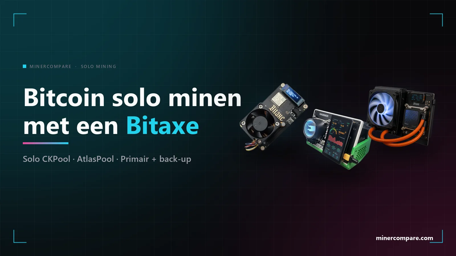 Bitaxe Gamma 601, HammerMiner BC08 en Bitaxe Gamma Hex op een donkere achtergrond naast de titel Bitcoin solo minen met een Bitaxe