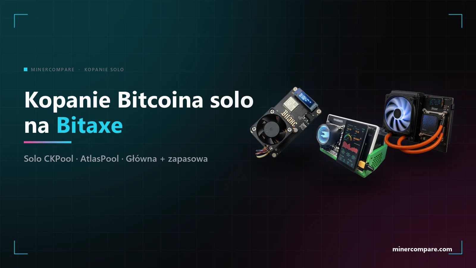 Bitaxe Gamma 601, HammerMiner BC08 i Bitaxe Gamma Hex na ciemnym tle obok tytułu Kopanie Bitcoina solo na Bitaxe