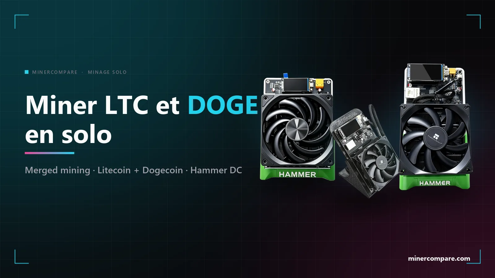 HammerMiner DC08, DC06 et DC04 sur fond sombre à côté du titre Miner du Litecoin et du Dogecoin en solo chez soi