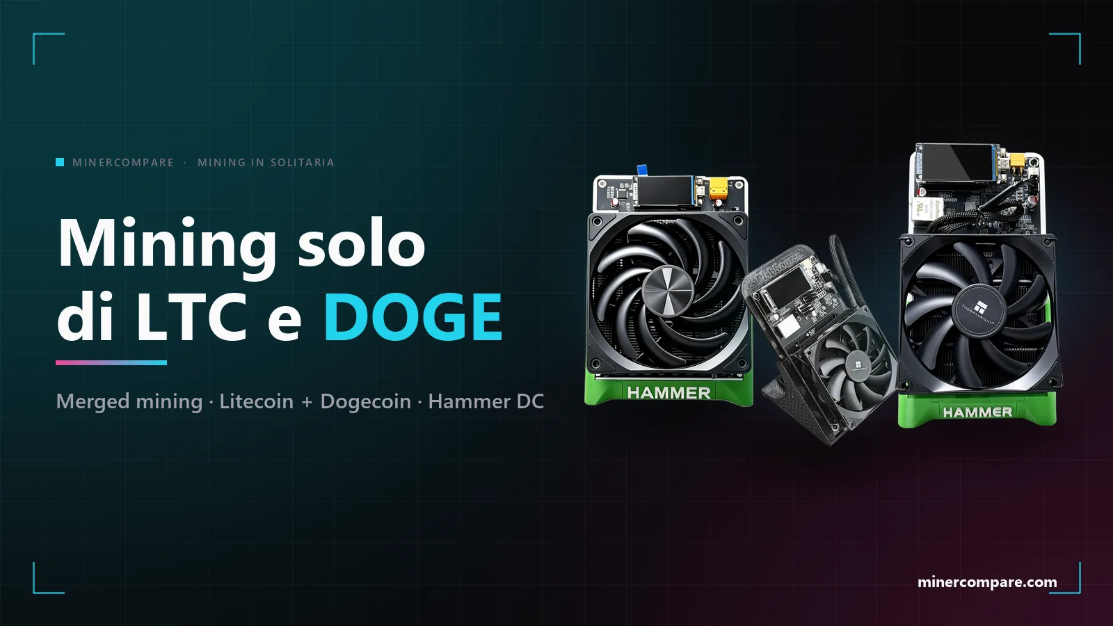 HammerMiner DC08, DC06 e DC04 su sfondo scuro accanto al titolo Mining solo di Litecoin e Dogecoin a casa