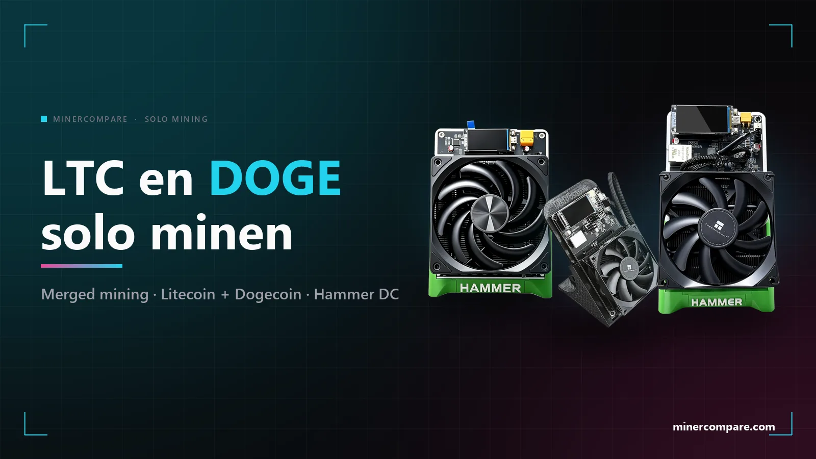 HammerMiner DC08, DC06 en DC04 op een donkere achtergrond naast de titel Litecoin en Dogecoin thuis solo minen