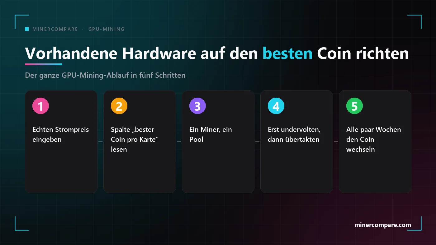 Fünf nummerierte Schritte, um eine Grafikkarte auf ihren rentabelsten Coin zu richten