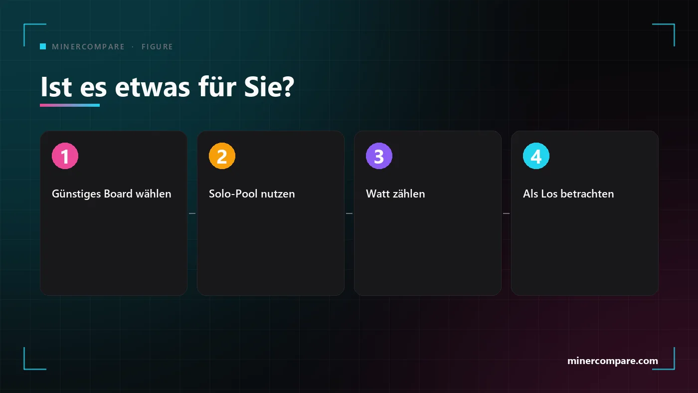 Vier nummerierte Schritte für die Entscheidung über einen Solo-Miner: ein günstiges Board wählen, einen Solo-Pool nutzen, die Watt zählen und es als Los betrachten