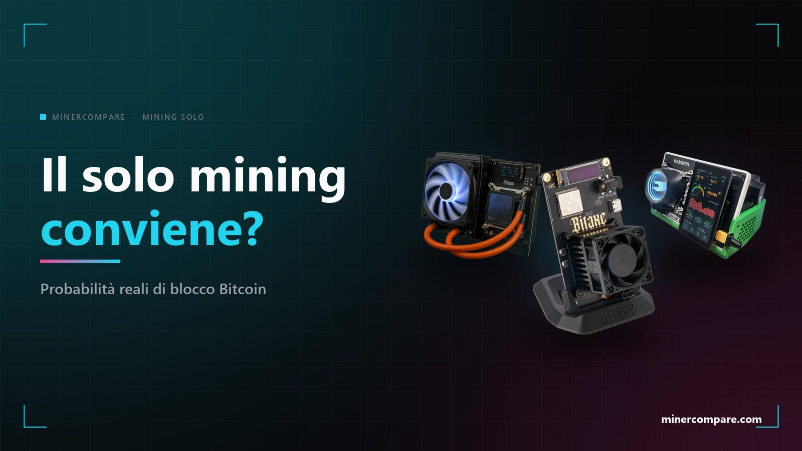 Bitaxe Gamma Hex, HammerMiner BC08 e un Bitaxe Gamma su sfondo scuro accanto al titolo Il solo mining conviene