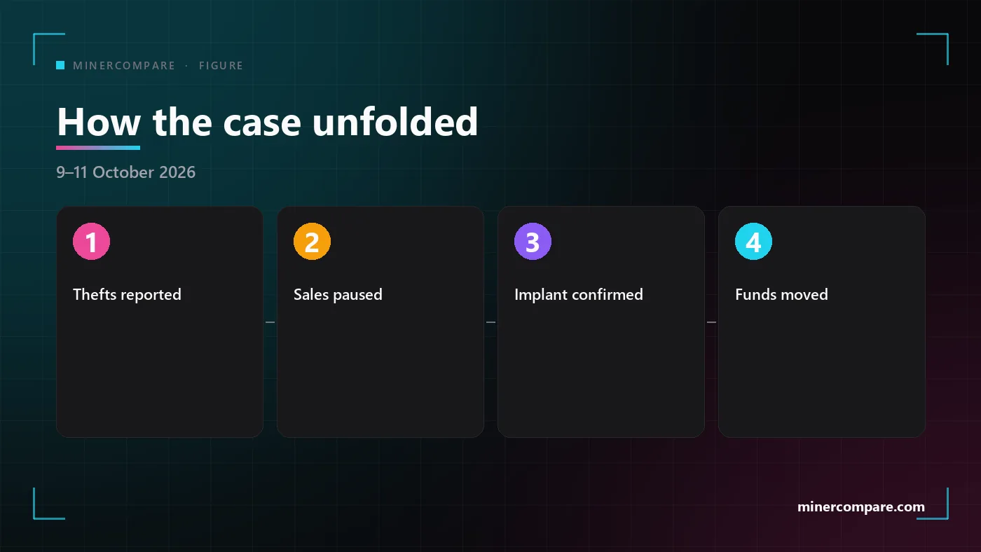 Four numbered steps showing how the Ledger reseller case unfolded, from the first thefts to the implant confirmation and the advice to move funds