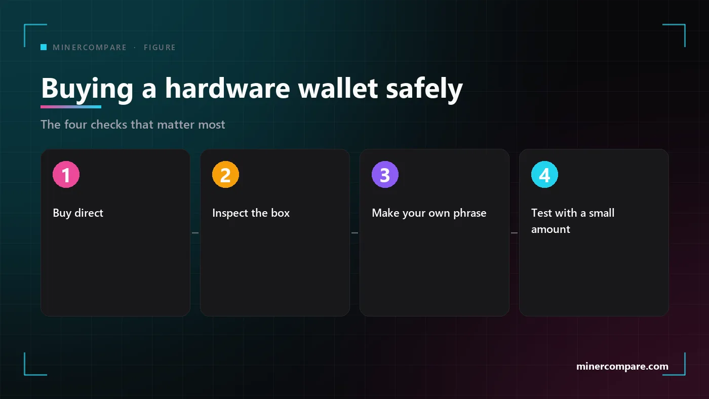 Four numbered steps for buying and setting up a hardware wallet safely: buy direct, inspect the device, create your own phrase, test with a small amount