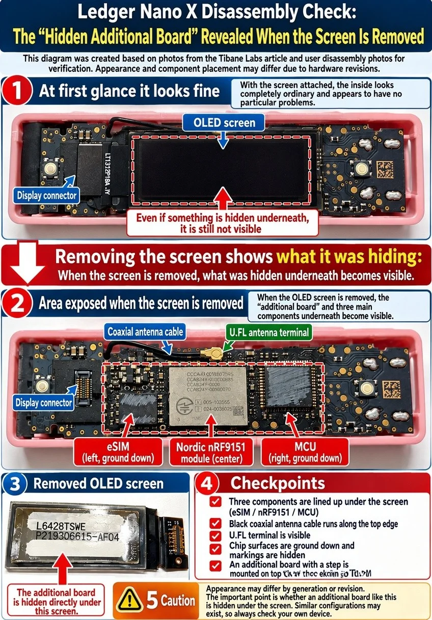 Diagrama anotado de un Ledger Nano X manipulado: con la pantalla retirada queda a la vista una placa adicional con una eSIM, un módulo celular Nordic nRF9151 y un microcontrolador, con un cable de antena coaxial y un terminal de antena U.FL