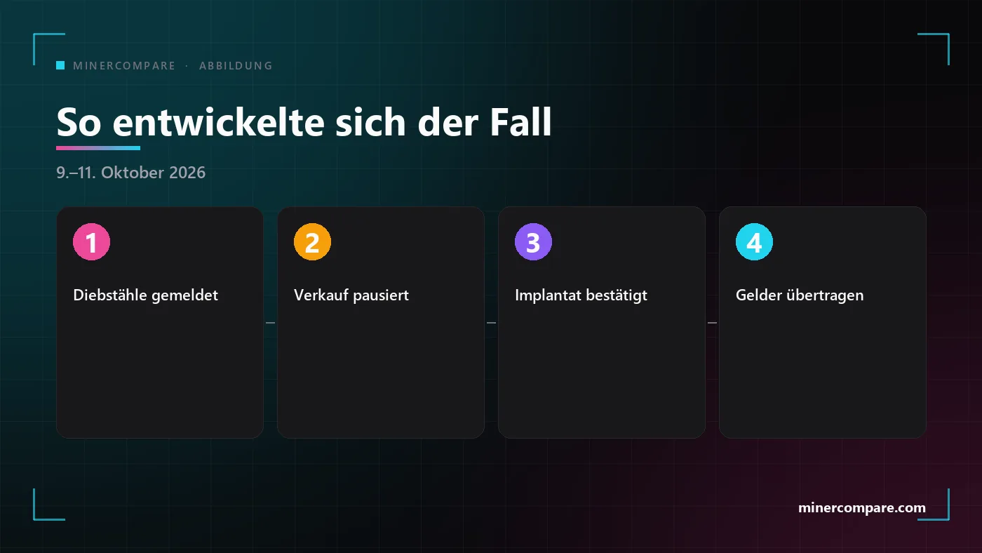 Vier nummerierte Schritte, die zeigen, wie sich der Fall des Ledger-Händlers entwickelte, von den ersten Diebstählen über die Bestätigung des Implantats bis zur Empfehlung, Gelder zu übertragen