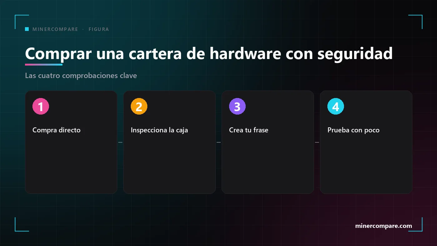 Cuatro pasos numerados para comprar y configurar una cartera de hardware con seguridad: comprar directo, inspeccionar el dispositivo, crear tu propia frase, probar con una cantidad pequeña
