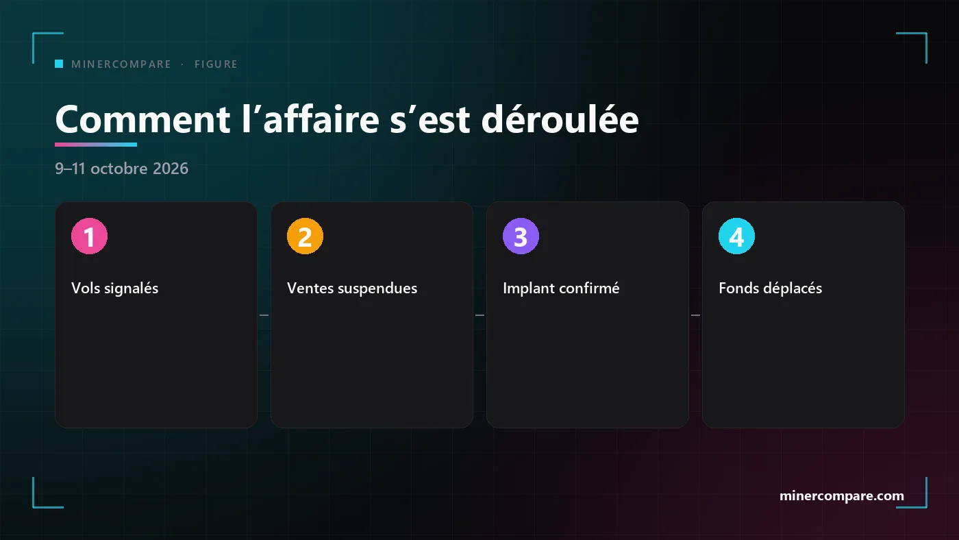 Quatre étapes numérotées montrant comment l’affaire du revendeur Ledger s’est déroulée, des premiers vols à la confirmation de l’implant et au conseil de déplacer les fonds