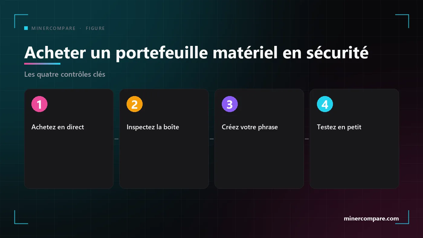 Quatre étapes numérotées pour acheter et configurer un portefeuille matériel en toute sécurité : acheter en direct, inspecter l’appareil, créer sa propre phrase, tester avec un petit montant