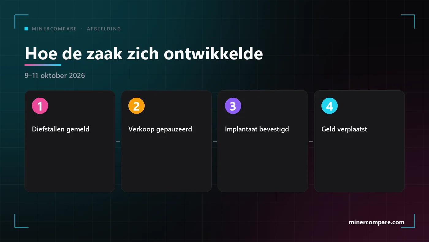 Vier genummerde stappen die laten zien hoe de zaak rond de Ledger-wederverkoper zich ontwikkelde, van de eerste diefstallen tot de bevestiging van het implantaat en het advies om geld te verplaatsen