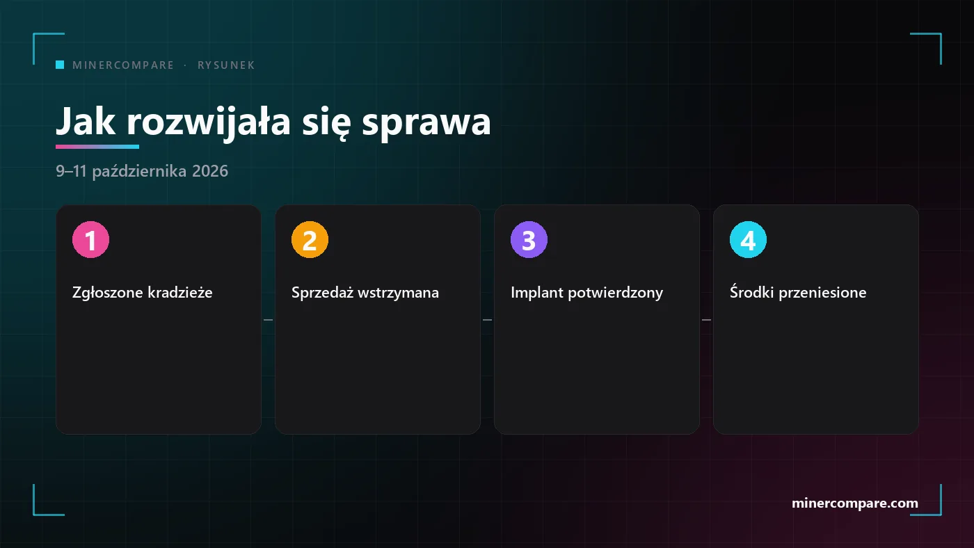 Cztery ponumerowane kroki pokazujące, jak rozwijała się sprawa odsprzedawcy Ledgera, od pierwszych kradzieży przez potwierdzenie implantu po radę przeniesienia środków