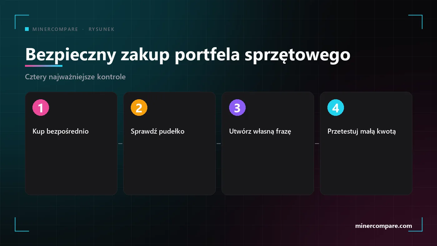 Cztery ponumerowane kroki bezpiecznego zakupu i konfiguracji portfela sprzętowego: kup bezpośrednio, sprawdź urządzenie, utwórz własną frazę, przetestuj małą kwotą
