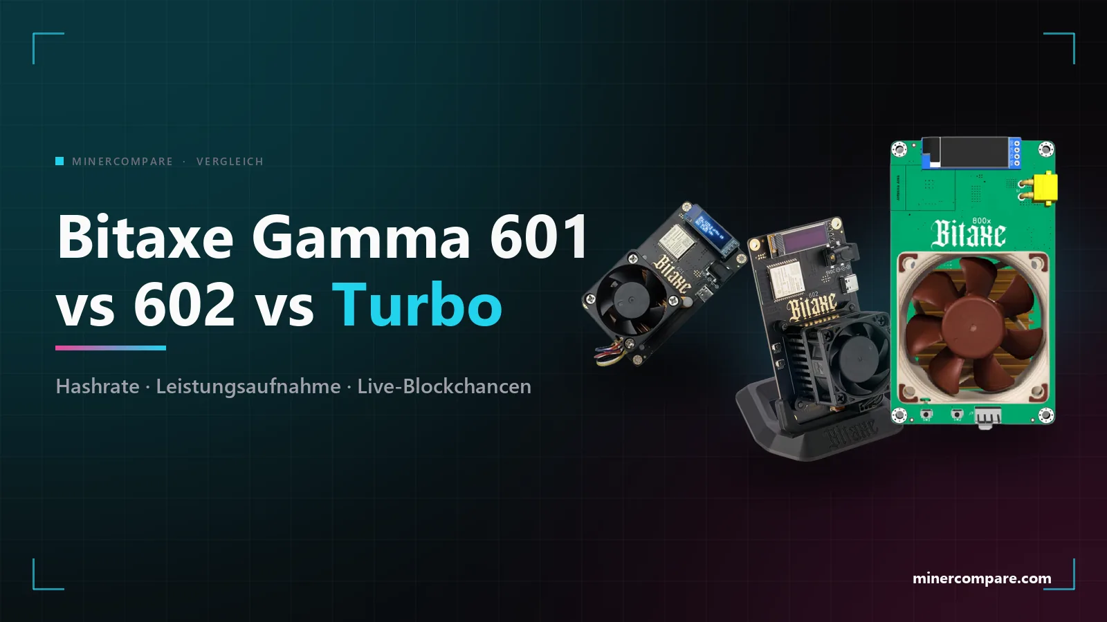 Bitaxe Gamma 601, Gamma 602 und Gamma Turbo nebeneinander auf dunklem Hintergrund neben dem Titel Bitaxe Gamma 601 vs 602 vs Turbo