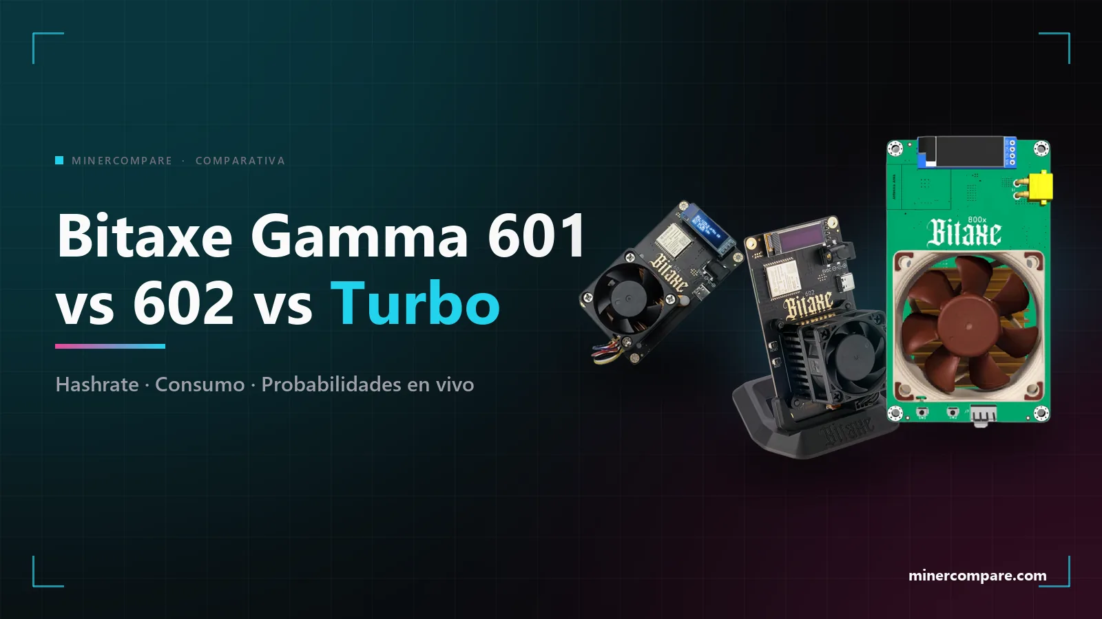 Bitaxe Gamma 601, Gamma 602 y Gamma Turbo lado a lado sobre un fondo oscuro junto al título Bitaxe Gamma 601 vs 602 vs Turbo